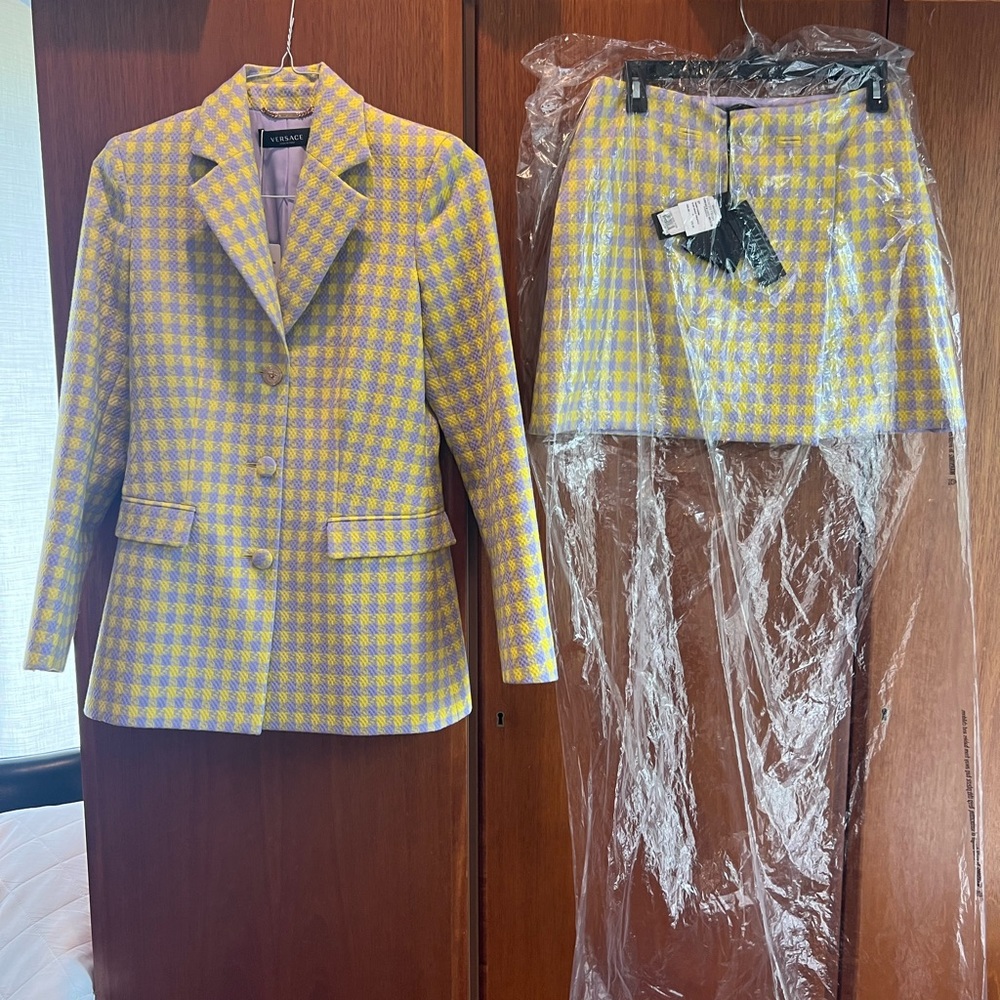 VERSACE NWT Houndstooth Wool Tweed Faux Wrap Miniskirt IT38 and Jacket NWOT